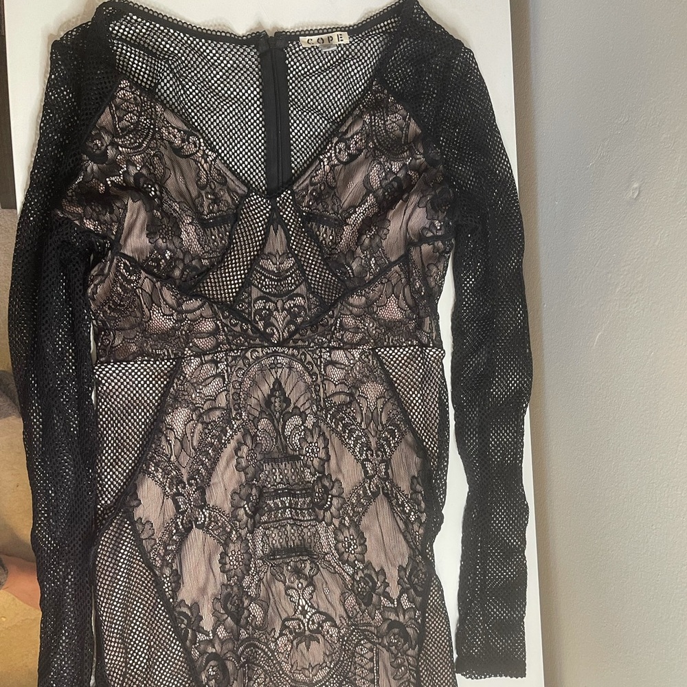 Lace Pink and Black long Sleeve Bodycon Dress